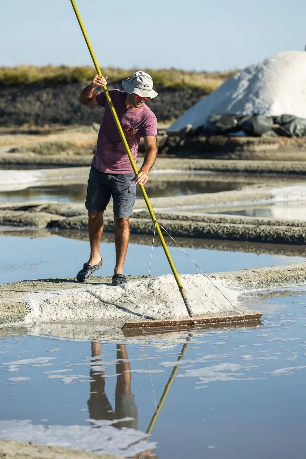 Paludier en train de ramasser le sel dans les bassins des marais salants