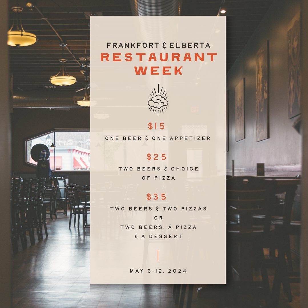 Frankfort-Elberta Restaurant Week starts tomorrow! From May 6th-9th we will be offering specials all week. We hope to see you at the pub!

🍻🍕🍻

#StormcloudBrewing #FrankfortElbertaRestaurantWeek #RestaurantWeek #BrewerySpecials #BeerSpecials #Food