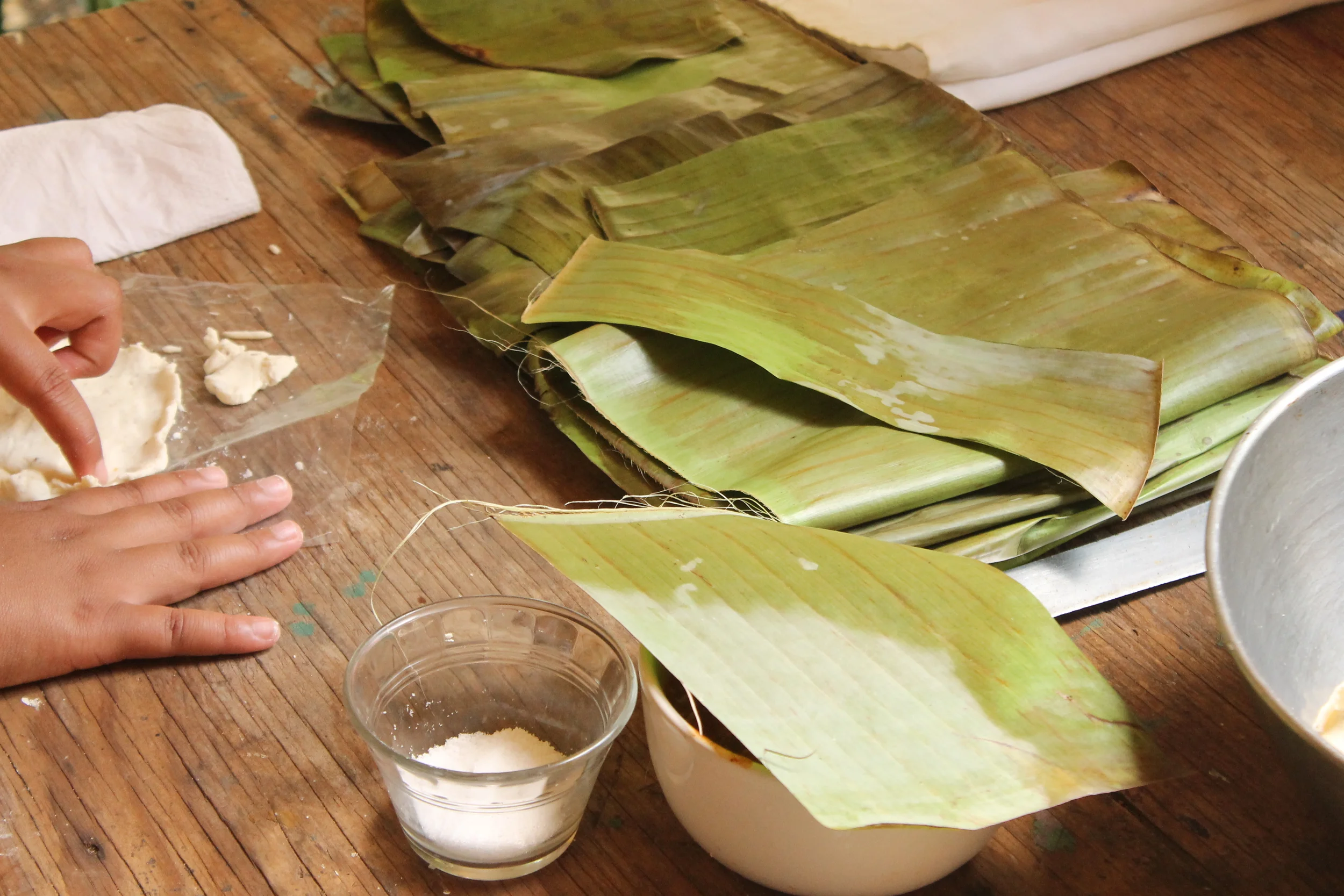 Banana leaves, corn masa and salt. Getting ready to make some tamales!
