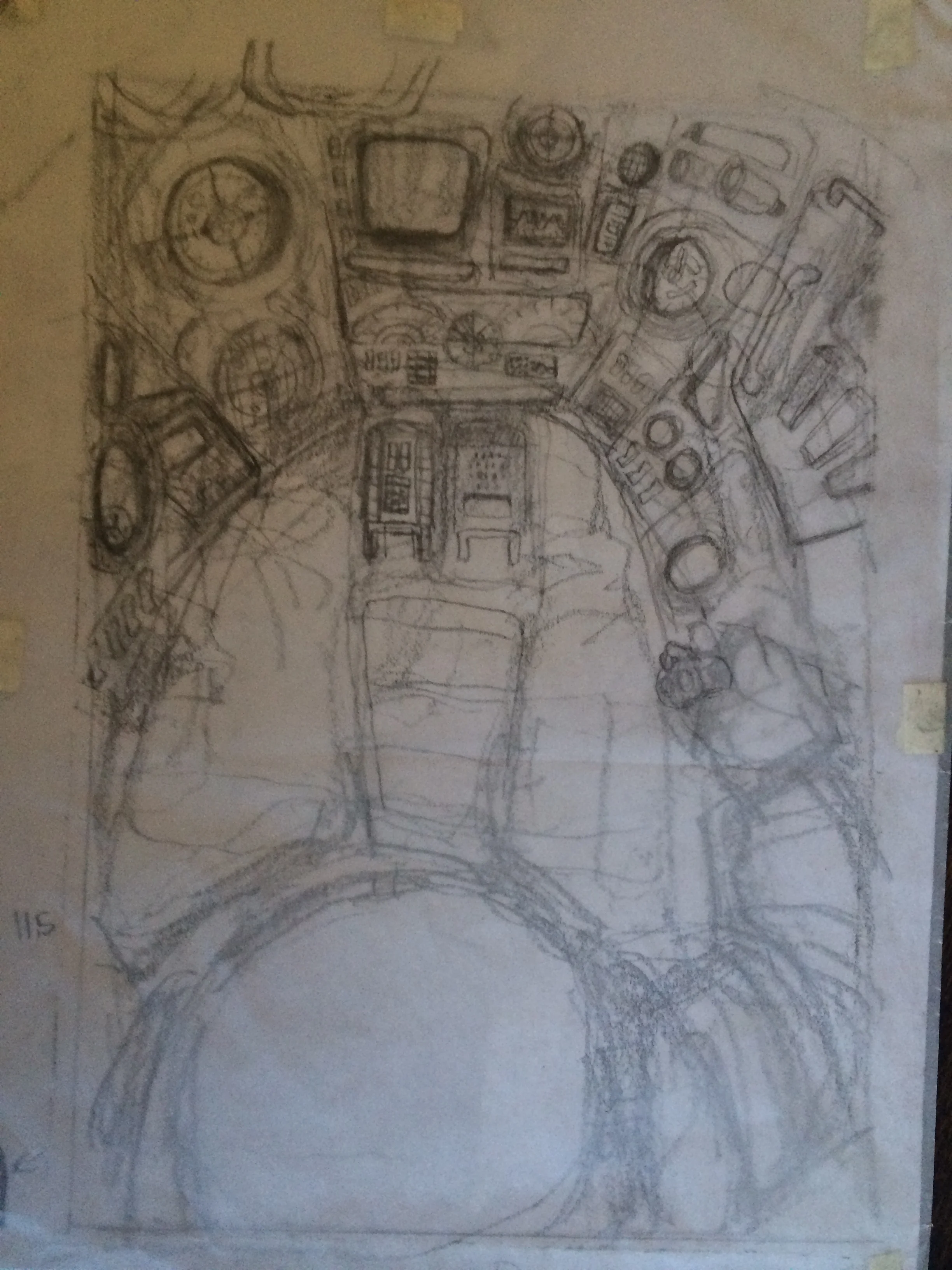 The reworked sketch. I used a layer of tracing paper to refine some of the details.