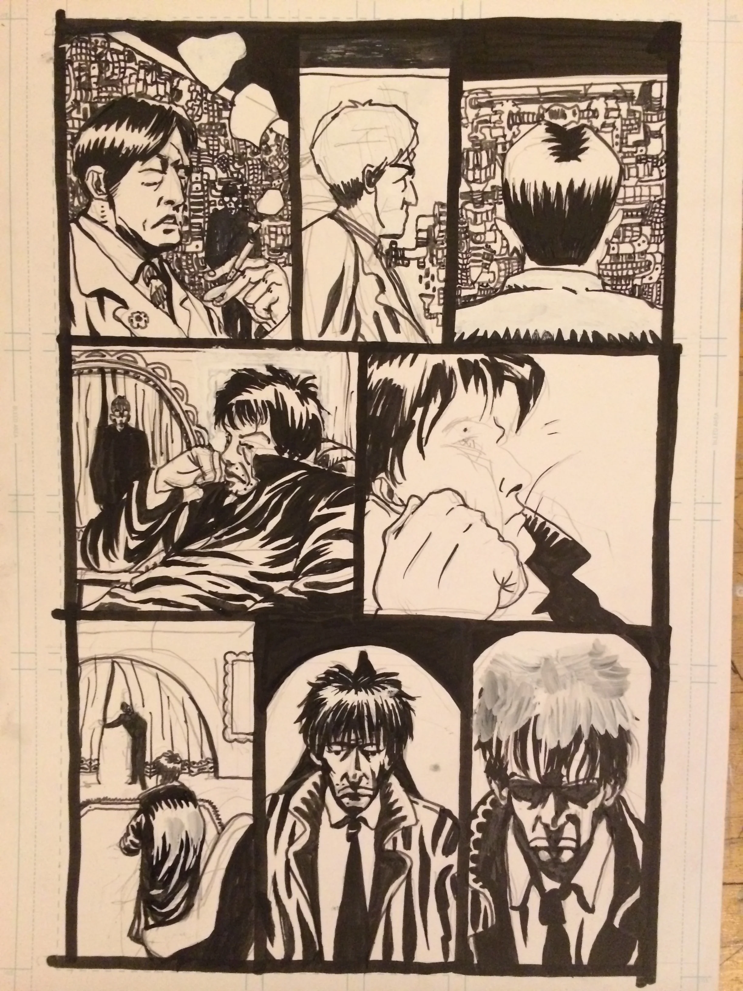 I started inking page 6. I'm pretty happy with it so far, especially panel 4. I also introduced inking with a brush in this page which I'm happy with. although I am a little nervous that the visual style will differ too dramatically from the technical pen that I had been using in the previous pages. 