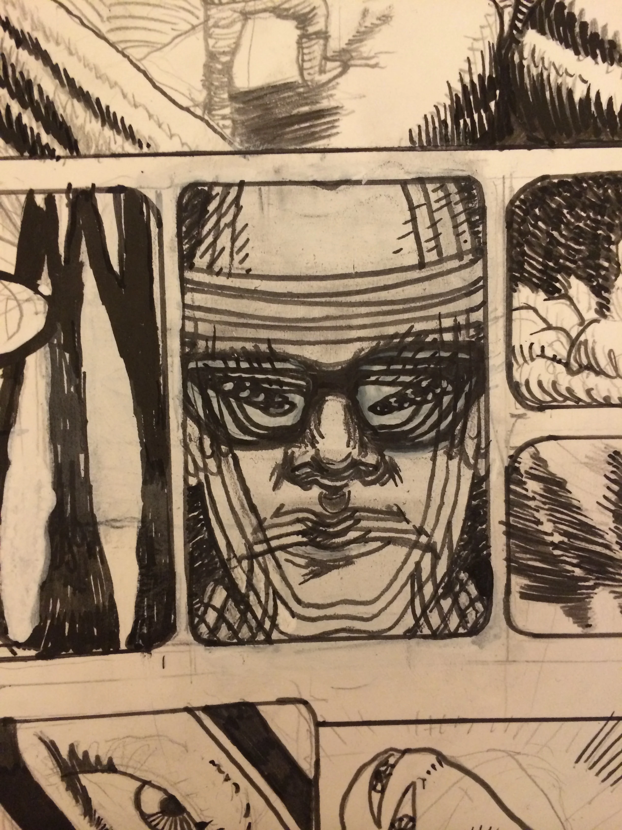 This is a detail shot from the previously posted page. This particular panel was a struggle and I ended up having to create a mock up image in Photoshop to help me get the logistics right. Never the less I'm rather pleased with the results. 