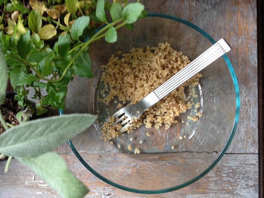 Start with the cooked quinoa. Mine was a bit less than a cup, but I prefer a higher greens to grains ration.