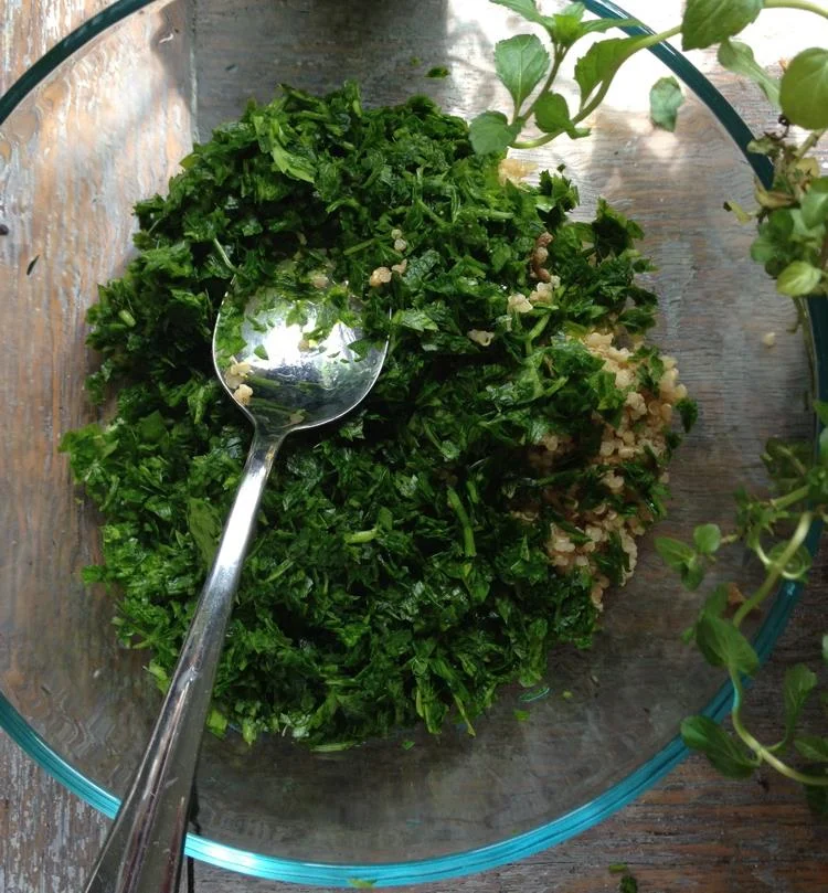 I shredded the parsley and mint in a food processor because I like tiny tiny pieces, but if you like bigger chunks (or don't have a food processer) just a quick chop will work as well.
