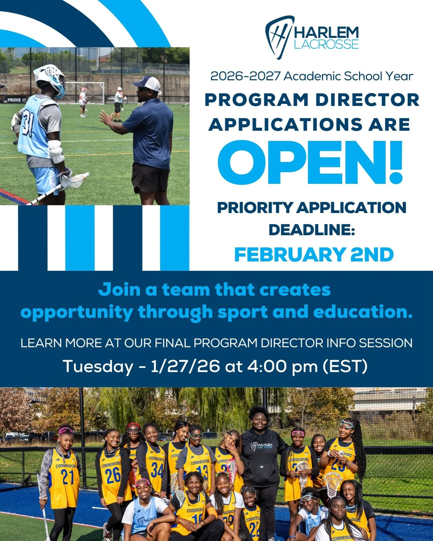 Program Director applications are officially open at Harlem Lacrosse!

We&rsquo;re looking for leaders who want to coach, mentor, and build programs that support students on and off the field &mdash; year after year.

📍 Now hiring Program Directors 