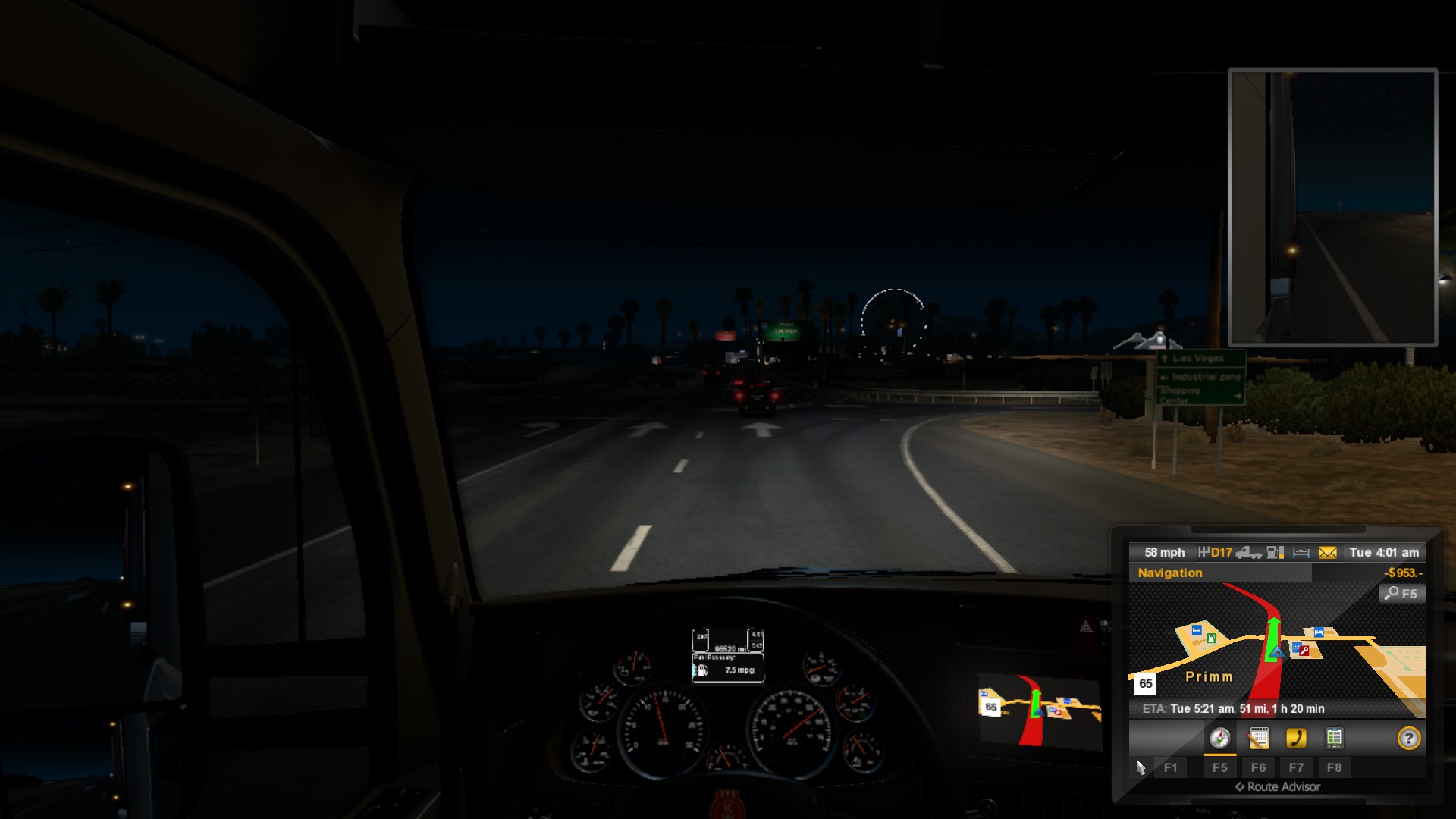 A screenshot from American Truck Simulator. I knew exactly where I was when driving into Nevada. On the left is Whiskey Pete's casino, where I once won $38 on blackajck.