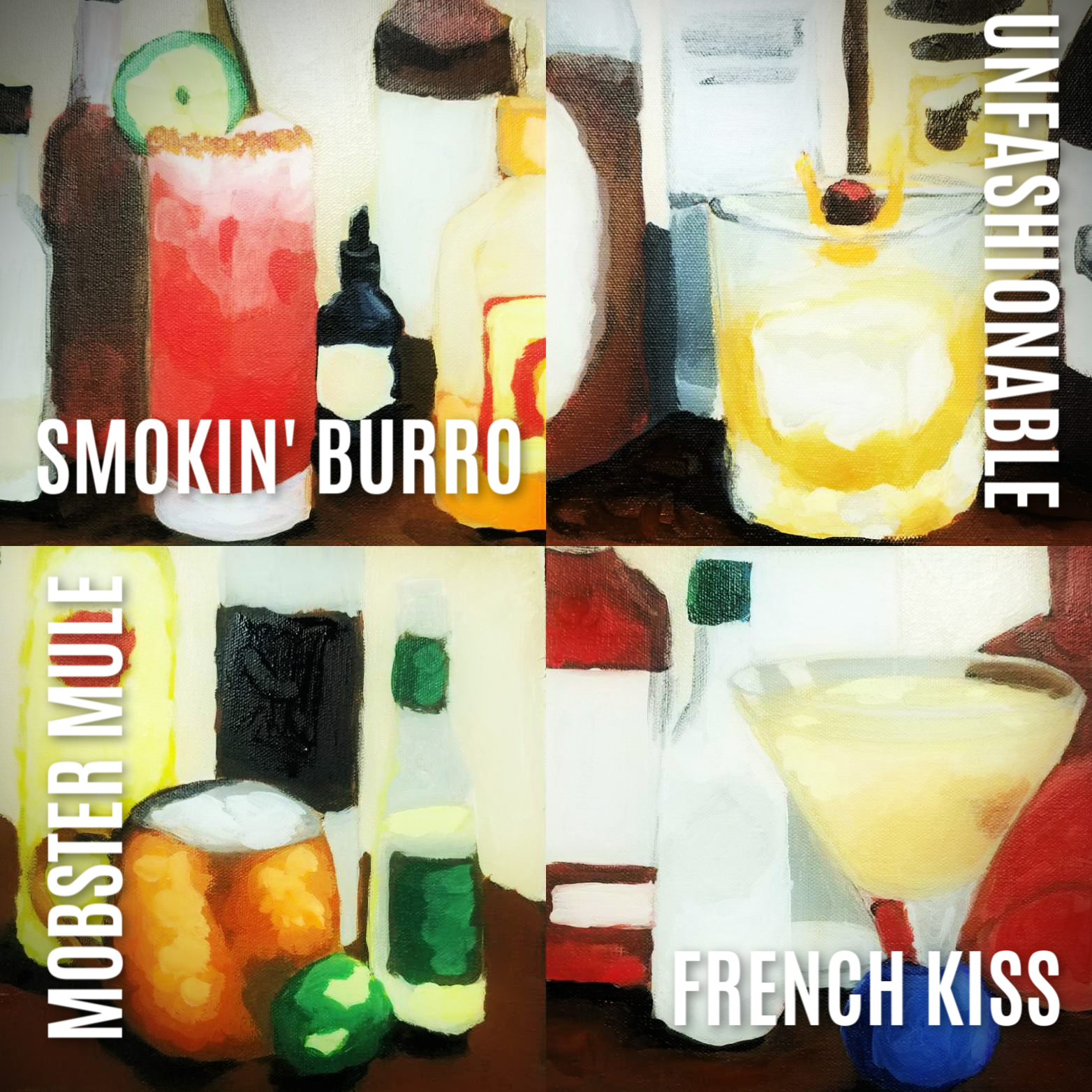 9” x 12” paintings of the Signature Cocktails