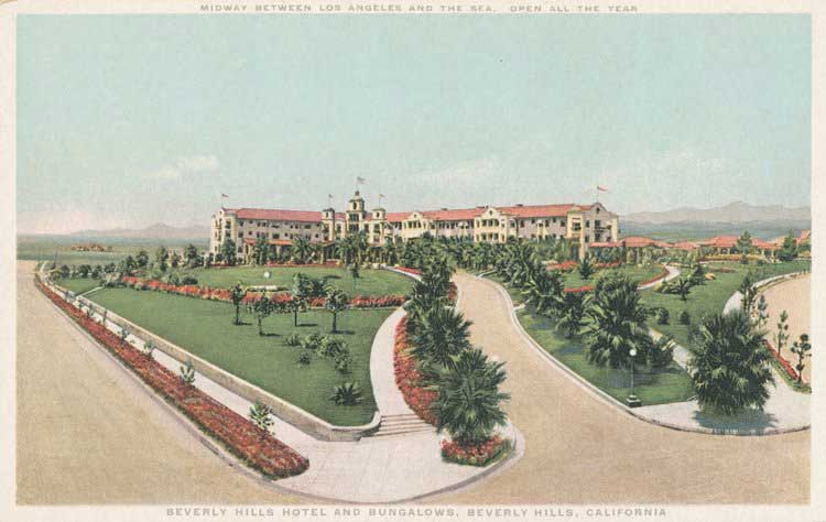 This postcard from the 1920s reads: "Midway between Los Angeles and the sea. Open all year. Beverly Hills Hotel and Bungalows. Beverly Hills, California."