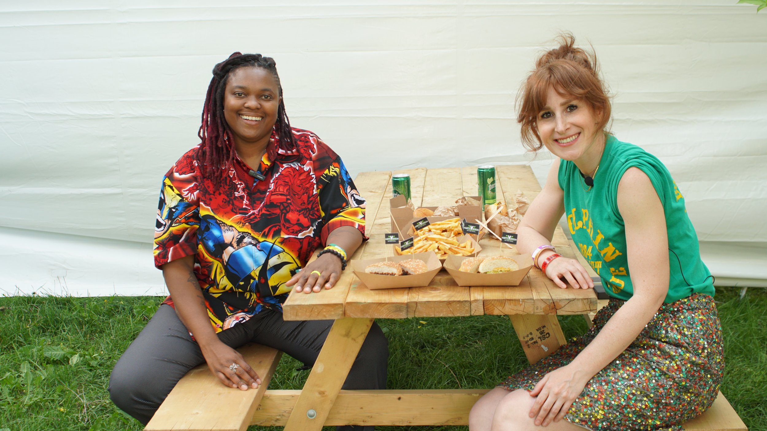 Kaleena Zanders and Katherine Sprung eating lunch at a picnic table for Sprung On Food