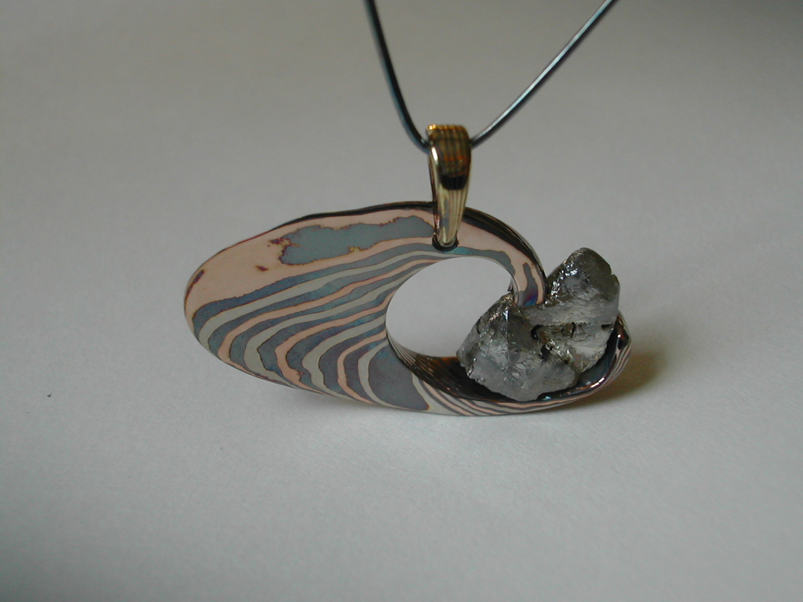 ROSE GOLD, WHITE GOLD, AND SILVER MOKUME GANE PENDANT WITH RAW DIAMOND 