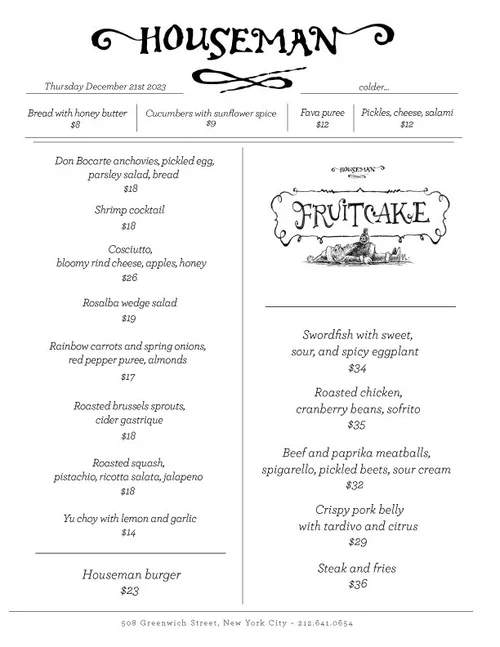 Dinner menu — Houseman Restaurant