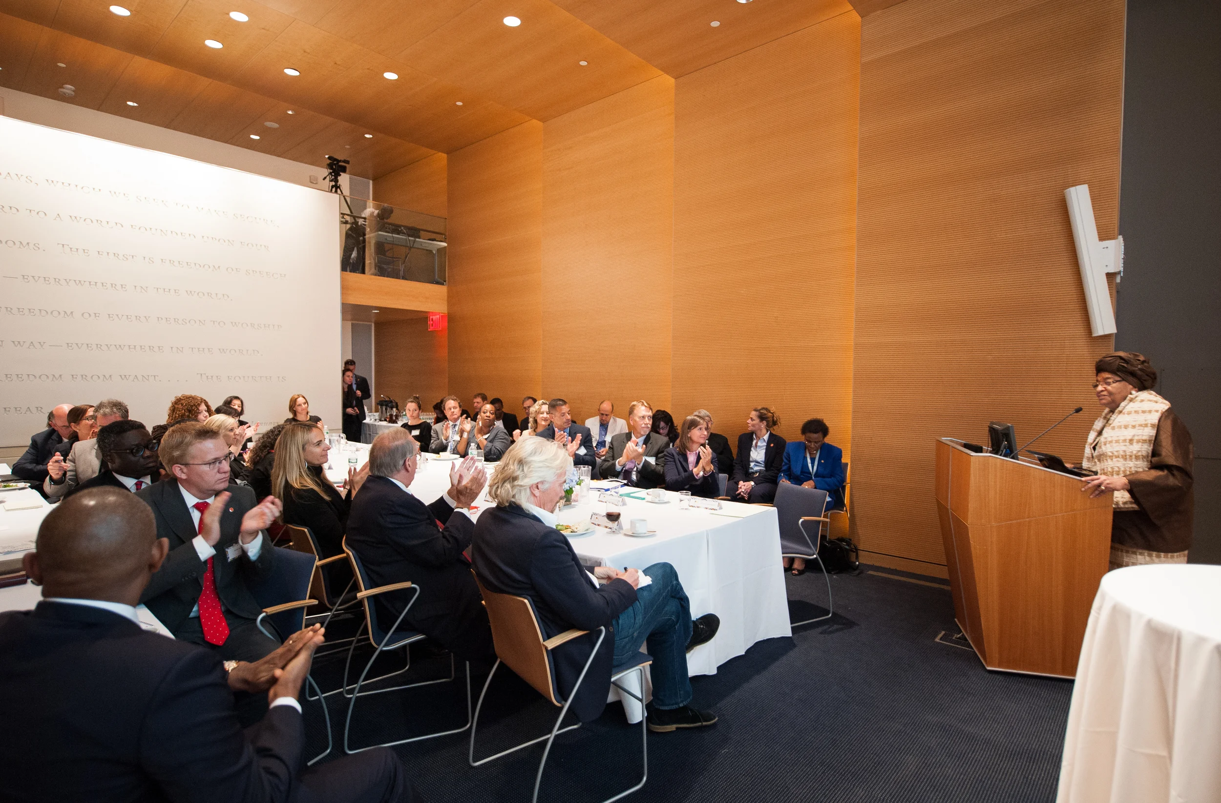 Her Excellency Ellen Johnson Sirleaf speaking at the ALFM 2013. The audience included honored guests such as Sir Richard Branson, Pam Omidyar and Tony Elumelu amongst many other notable philanthropists.