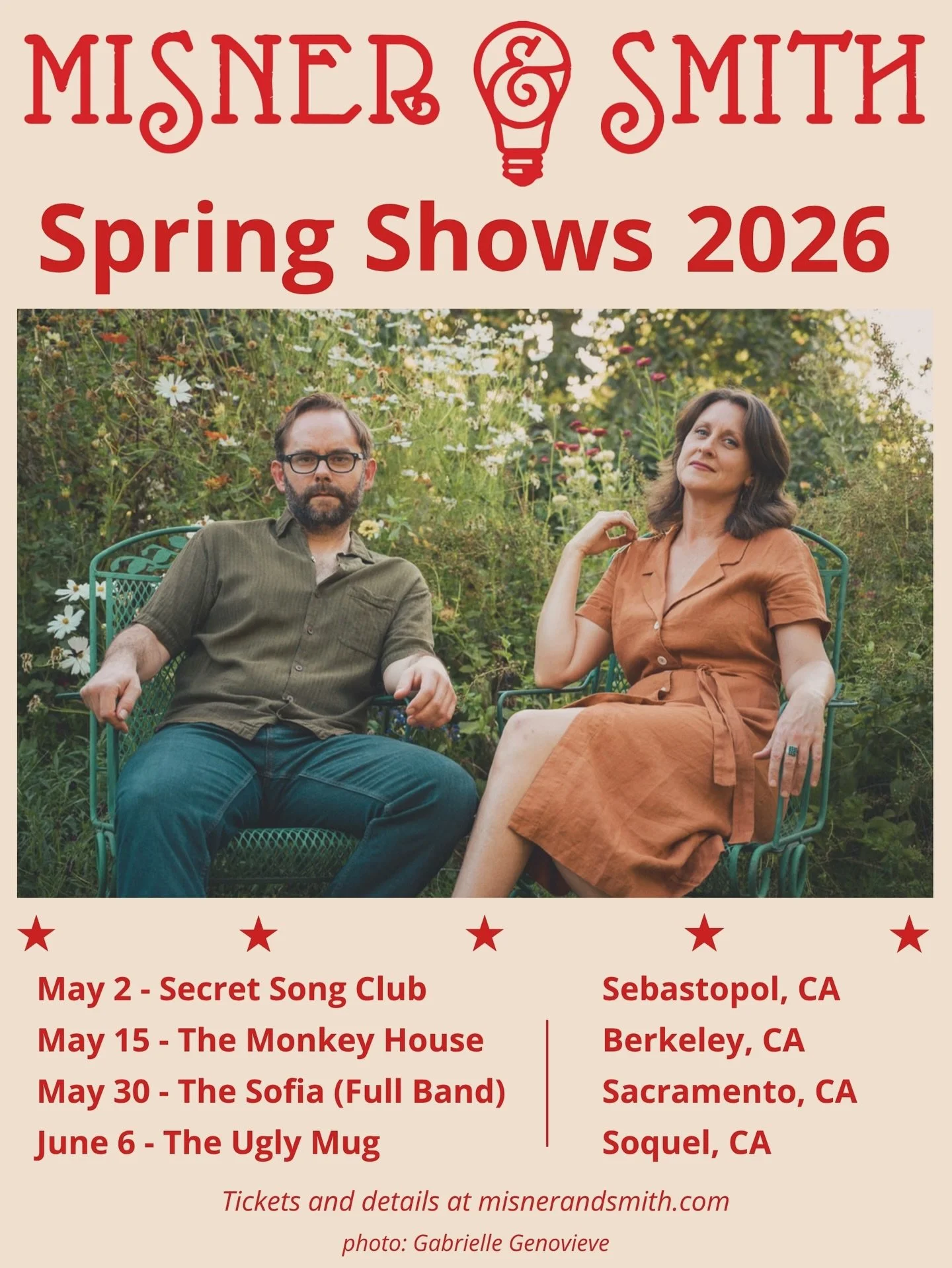 🌿 SPRING SHOWS ANNOUNCED! 🌿 
May 2 - @secret_song_club 
May 15 - @monkeyhouse_berkeley 
May 30 - @thesofiasac 
June 6 - @theuglymugcoffeehouse 
Tickets and more info in bio or at misnerandsmith.com