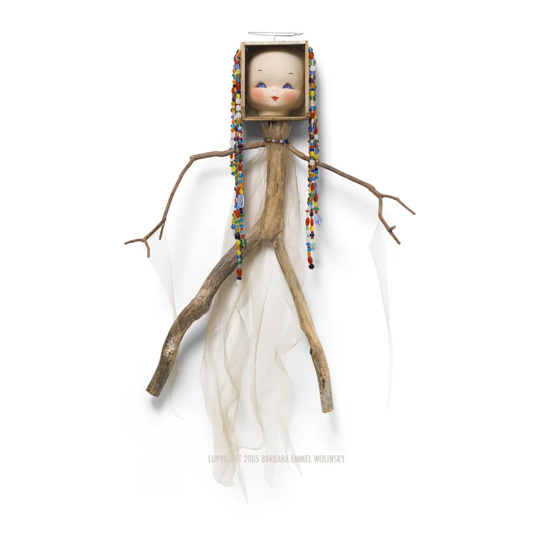 BEHOLD AN ANGEL 12" X 16" X 2.25" mountain laurel branches, glass beads, wire, gold tulle and a cloth doll head