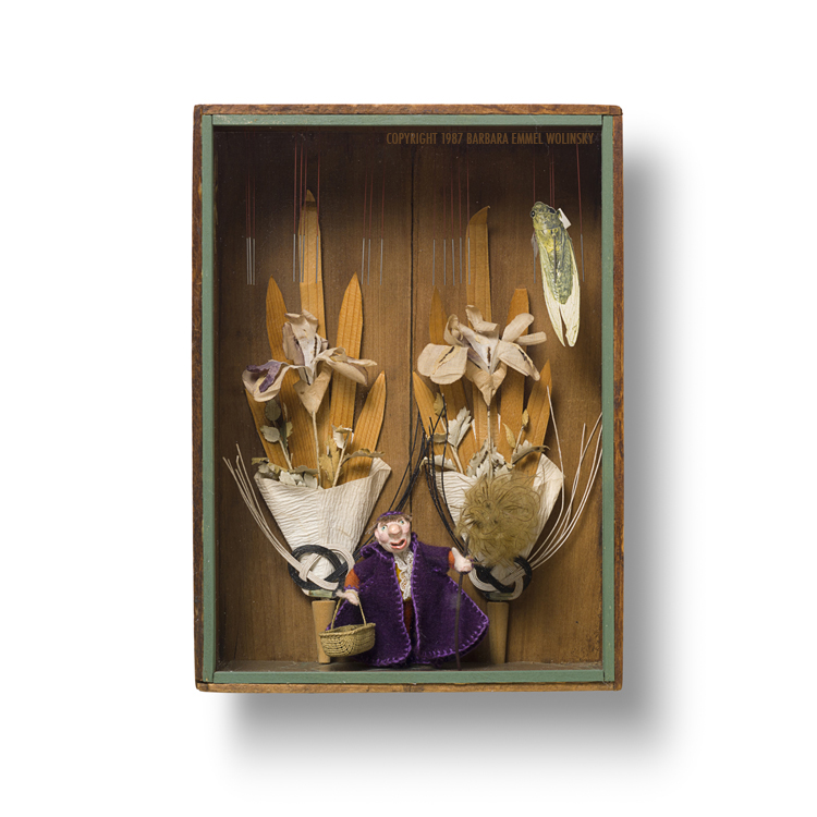 DEAD STUCK 8.375" X 11.5" X 3.5" Mostyn Watkins carrying a green beetle in a basket, clematis seed pod and Japanese funerary decorations in a Dead Stuck for Bugs box