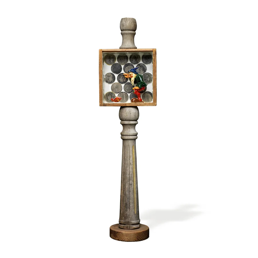 FISHING WAND 4.5" x 17" x 3" wooden figure, wooden fish, small mirrors and chair leg