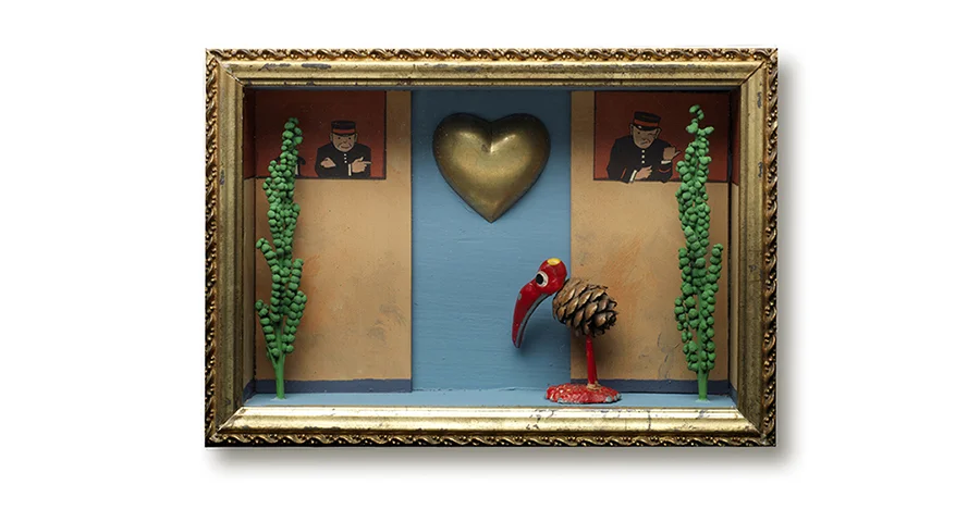 THIS WAY MY LOVE 8" x 5.5" x 2" pinecone bird, brass heart and fern seed pods