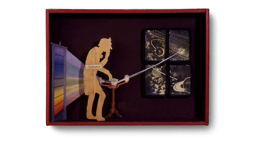 WINDOW 4: SPECTATOR 9.5" x 7" x 1.75" wooden figure, constallation illustration and thread