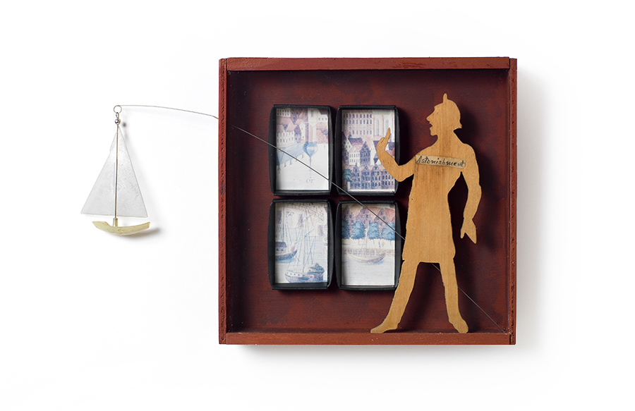 WINDOW 2: ASTONISHMENT 6.75" x 6.5" x 1.75" wooden figure and mica sailboat