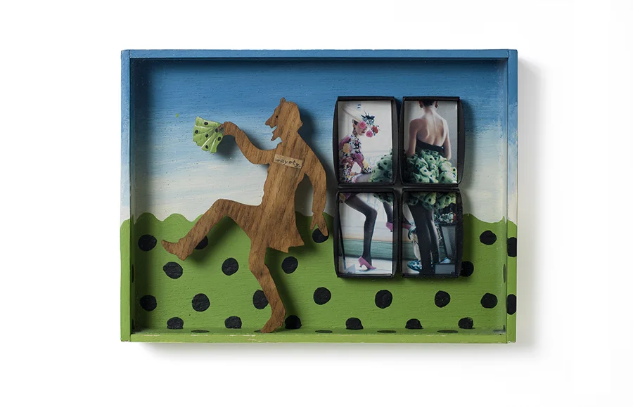 WINDOW 3: GAYETY 9" x 6.75" x 1.75" wooden figure and fashion photo