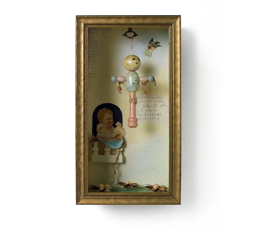ASK GOD TO MAKE THE MEANING CLEAR 8.75" x 15.5" x 6" baby carriage toy, curtain tie backs, ribbons and old paper scraps