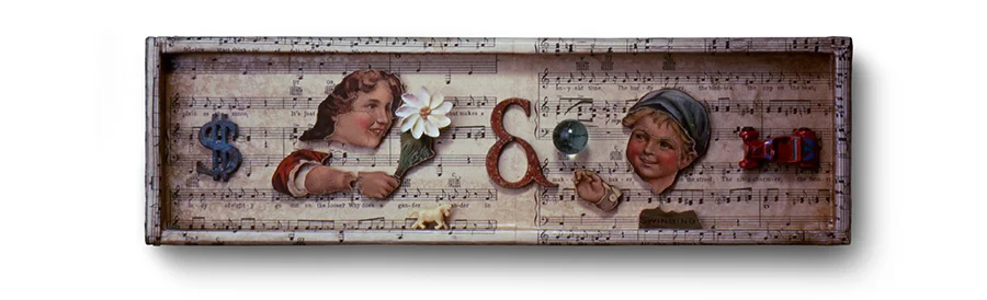 WHAT MAKES A LADY OF EIGHTY GO OUT ON THE LOOSE 15.75" x 4.75" x 1" puzzle pieces, metal letters, marble and toy truck