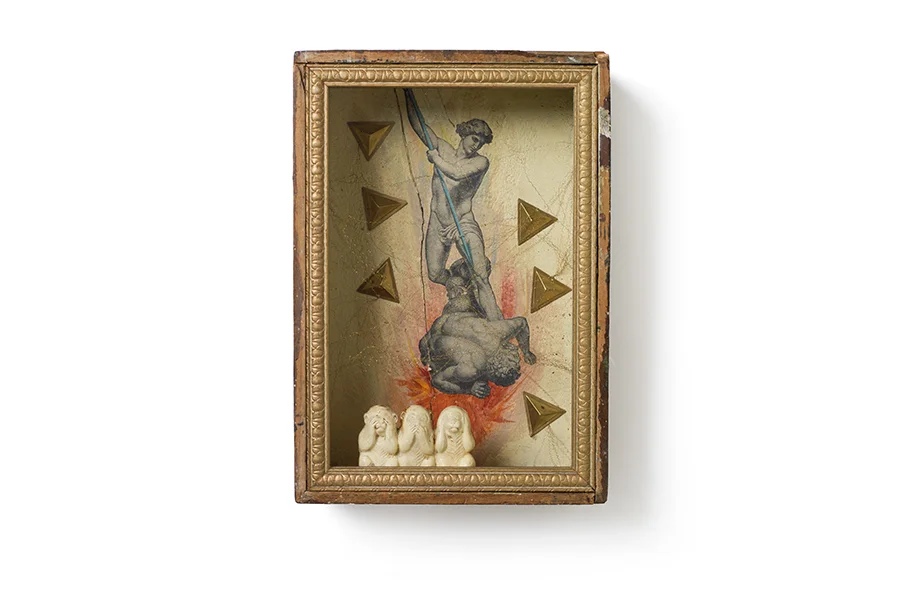 MICHAEL VS LUCIFER 7" x 10.4" x 3" monkeys, brass findings, gold wire and old etching