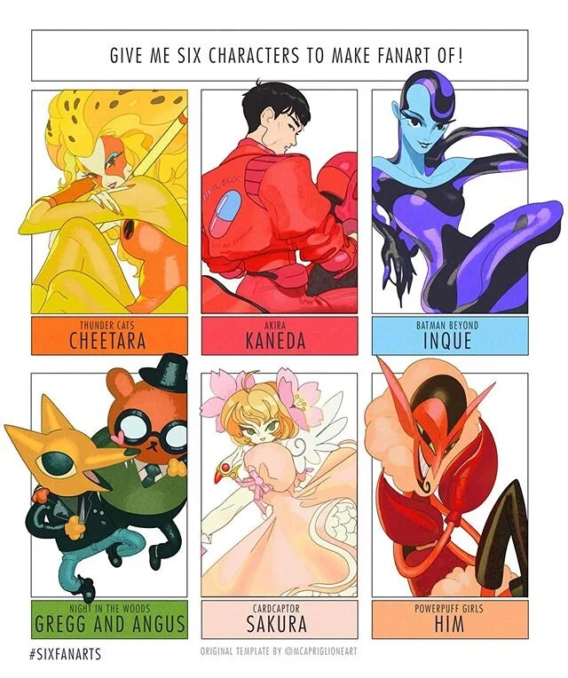 #sixfanarts | You guys gave me so many great character ideas! It was honestly really hard to narrow it down to 6 slots :) | #thundercats #cheetara #akira #kaneda #batmanbeyond #inque #nightinthewoods #gregg #cardcaptor #sakura #powerpuffgirls #him