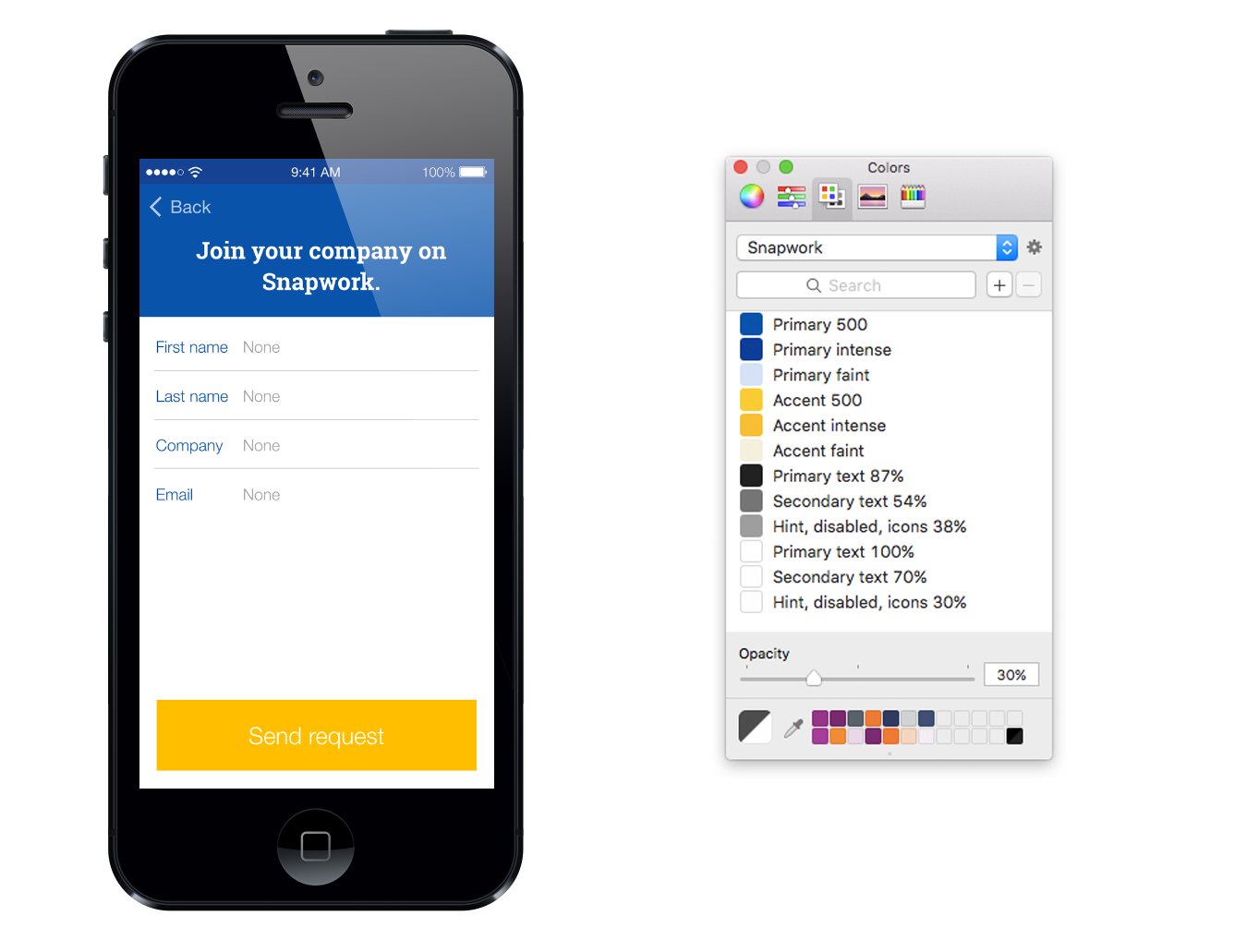 A prototype using a completed colour palette based on the Material Design colour system