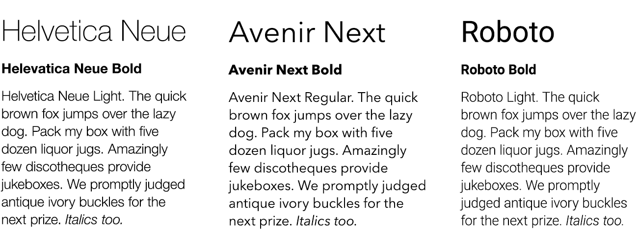 My top picks for prototype fonts are Helvetica Neue, Avenir Next, and Roboto