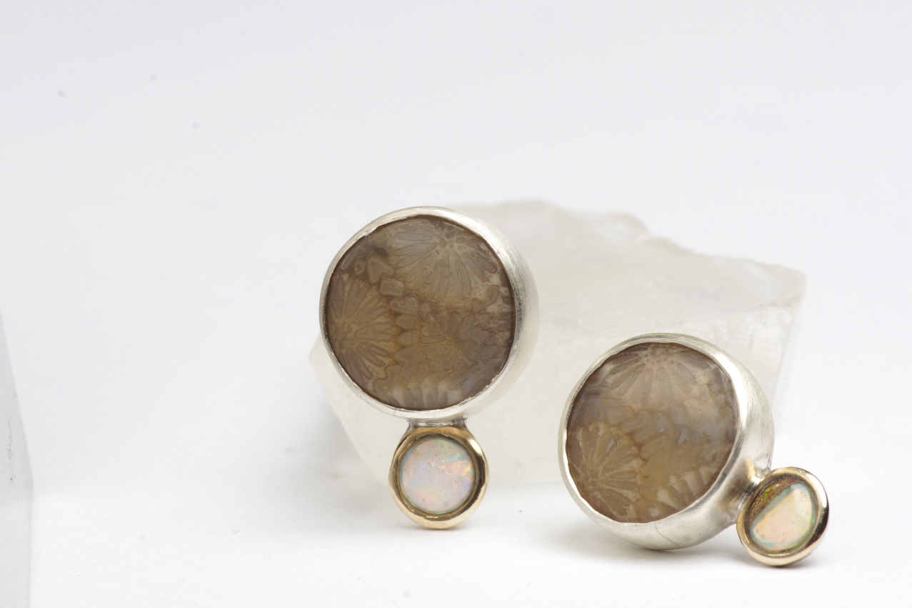  ​Earrings  Sterling silver, yellow gold, coral-fossil, opal. ​ 