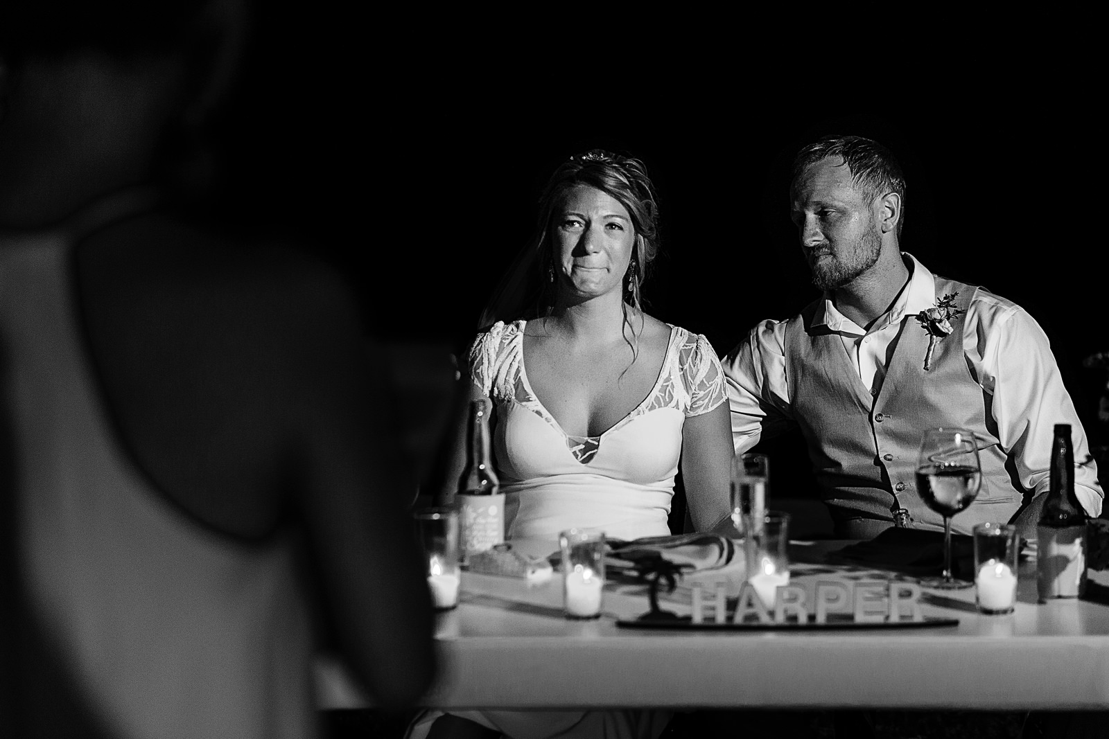 Bride about to cry during aunt's speech at wedding reception