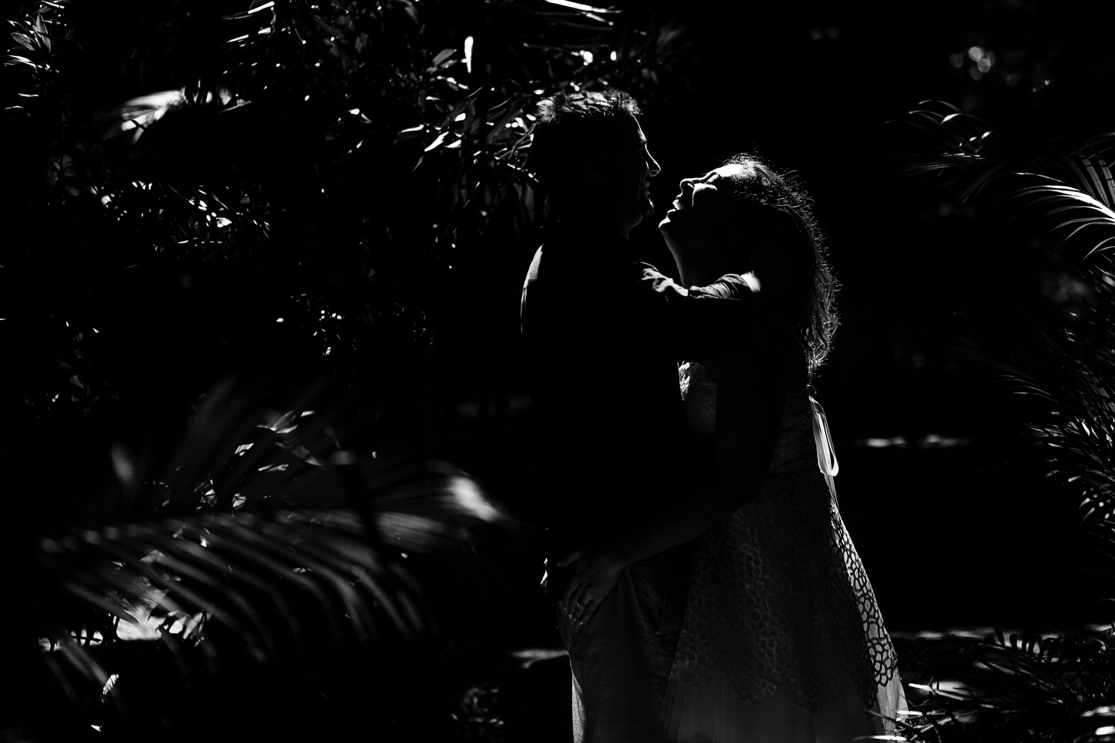 Black and white silhouette of a couple in the bushes