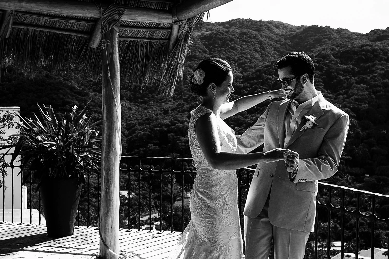 First look of the groom and bride all dressed up