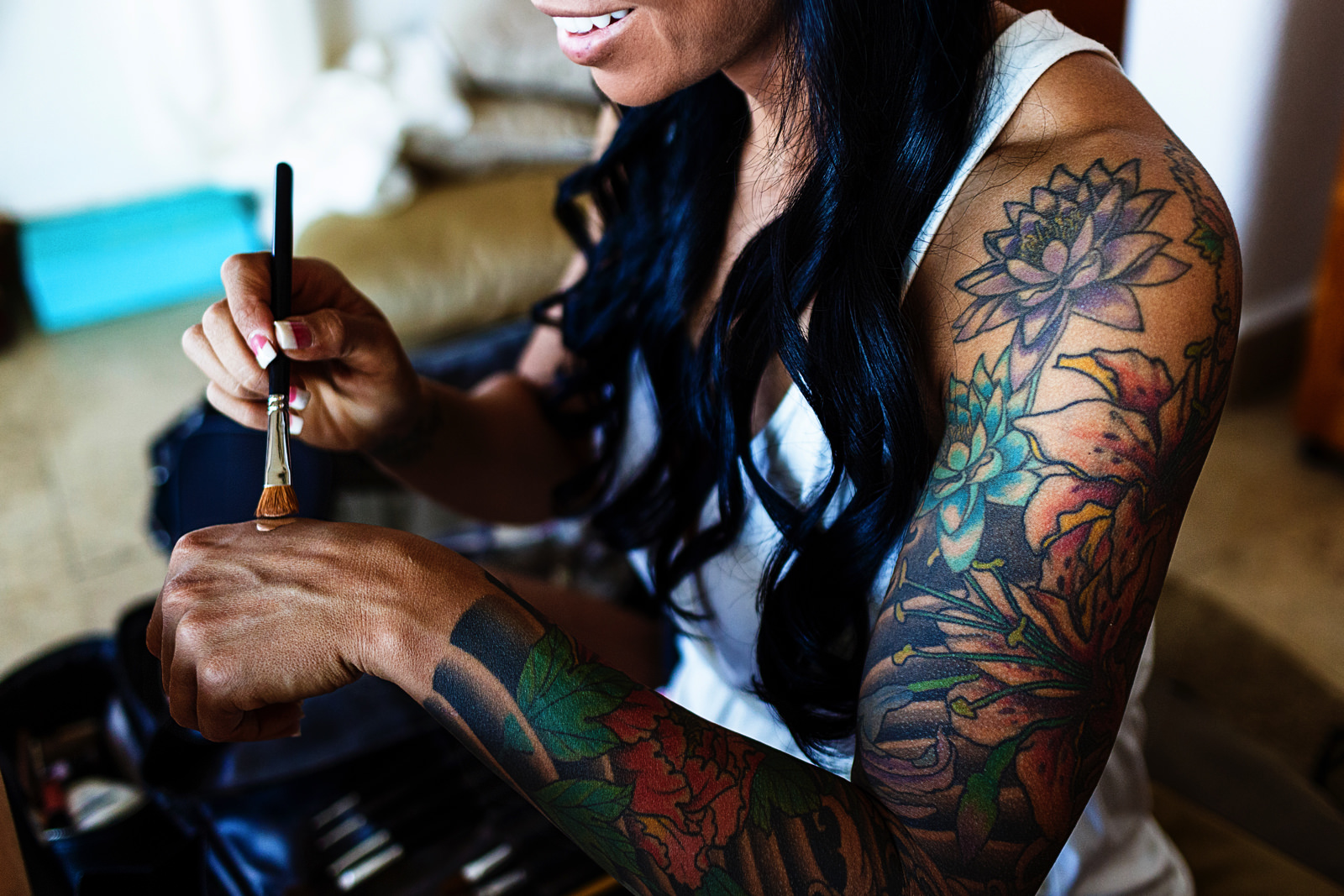 The bride does her own make-up