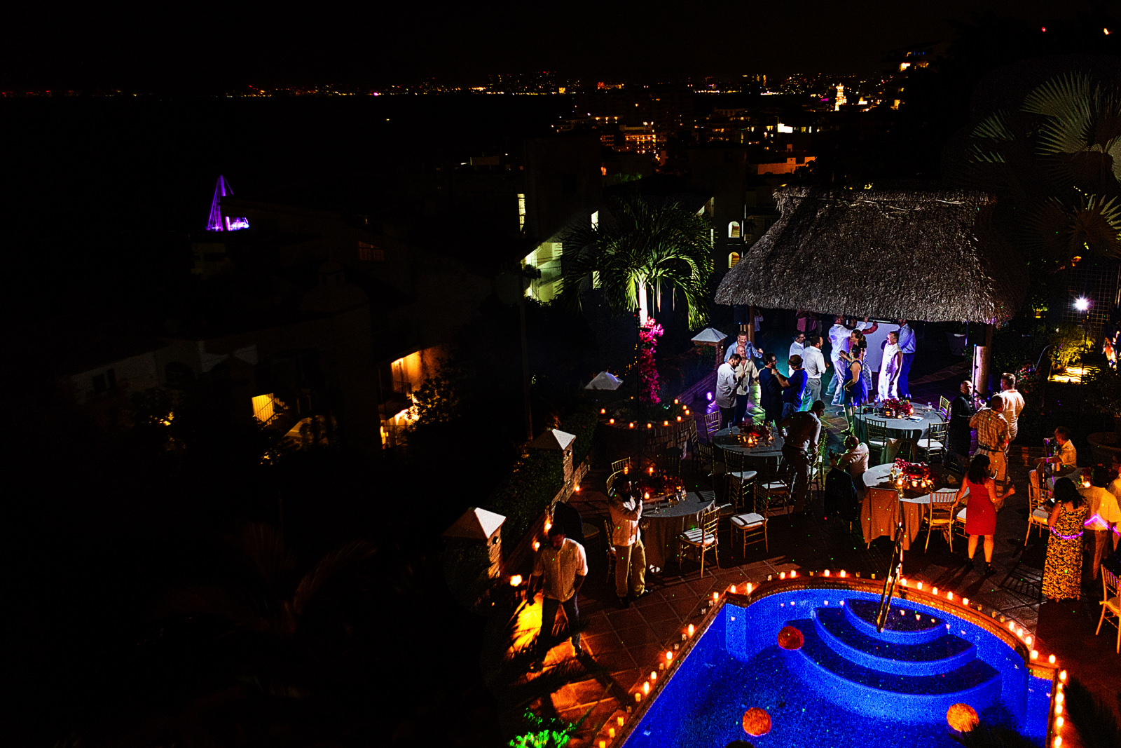 Overview of the destination wedding party at Casa Muni during the Puerto Vallarta night