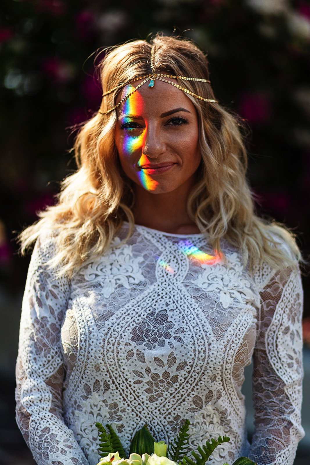 Bride portrait with a prism light on her face