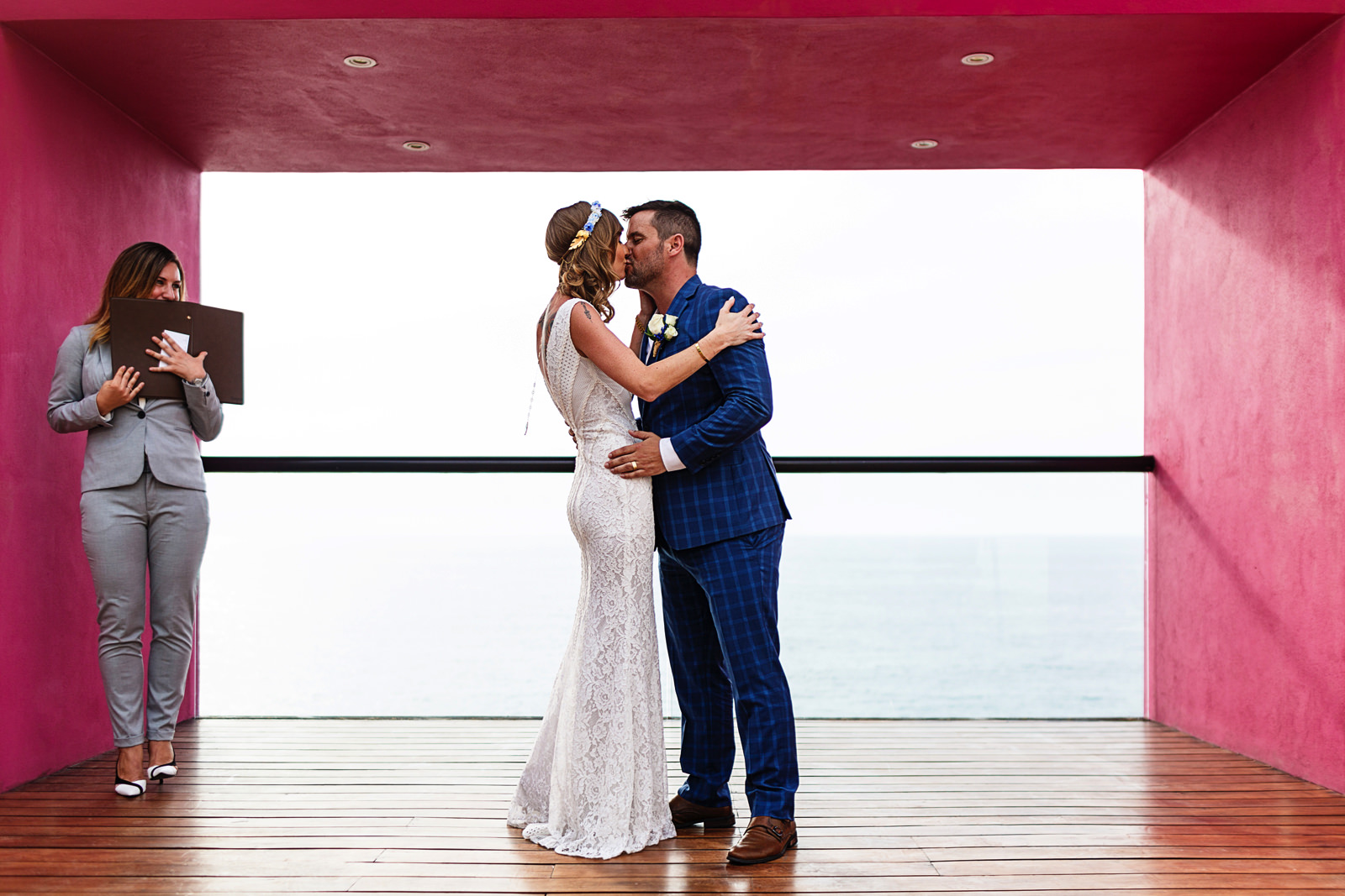 First kiss bride and groom at the Presidential Suite on Hyatt Ziva Puerto Vallarta resort