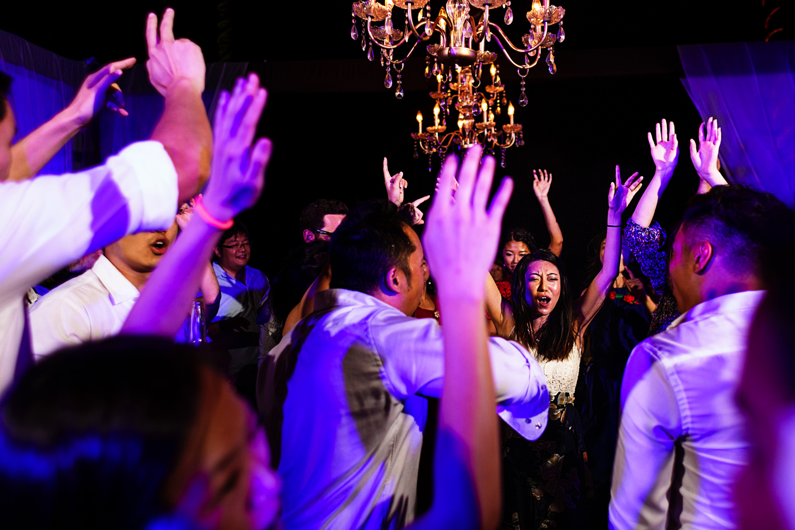 Hands up in the dance floor during a wedding party at Martoca.