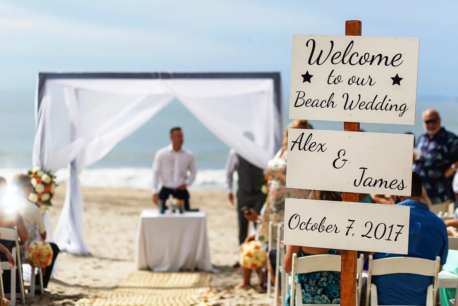 Beach setup of wedding ceremony about to beggin