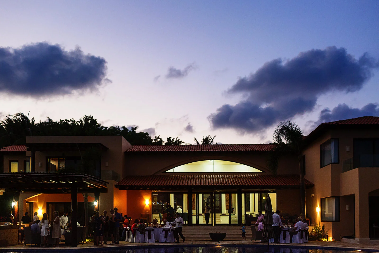 View of Casa Joya del Mar in Punta Mita at sunset during the rehearsal dinner