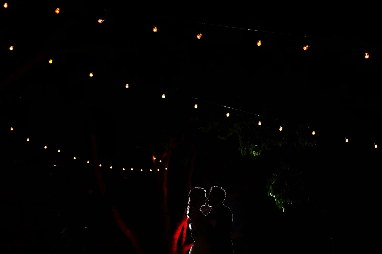 Silhouettes of groom and bride during their first dance with hanging light bulbs