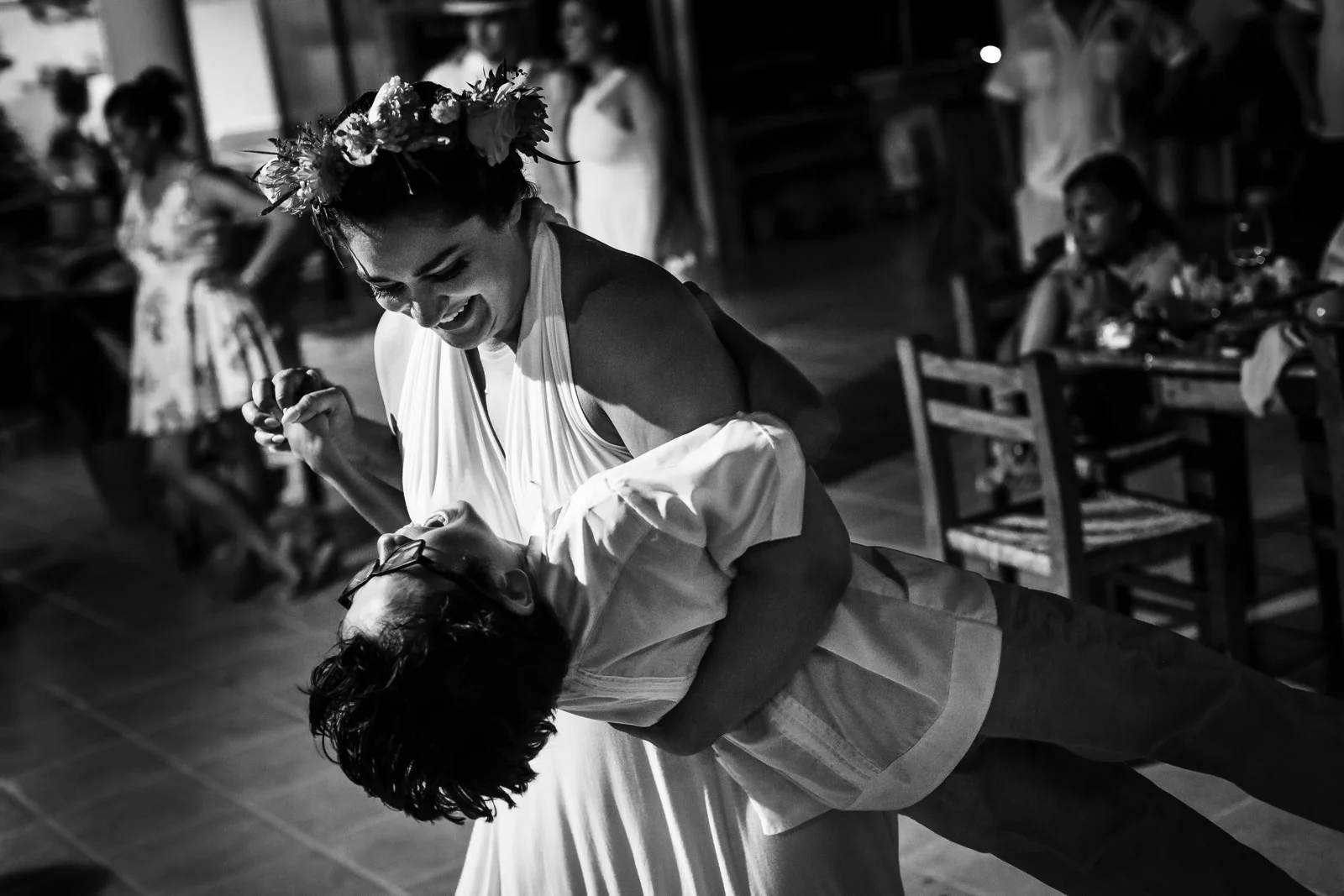 Bridesmaid and little groomsman dancing like crazy at Miramar terrace in Yelapa.