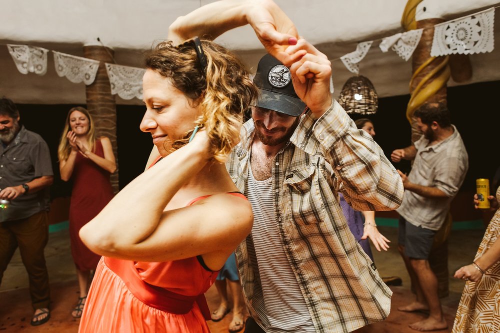 Wedding guests going bananas at the dance floor in Villas Rana Verde, Sayulita