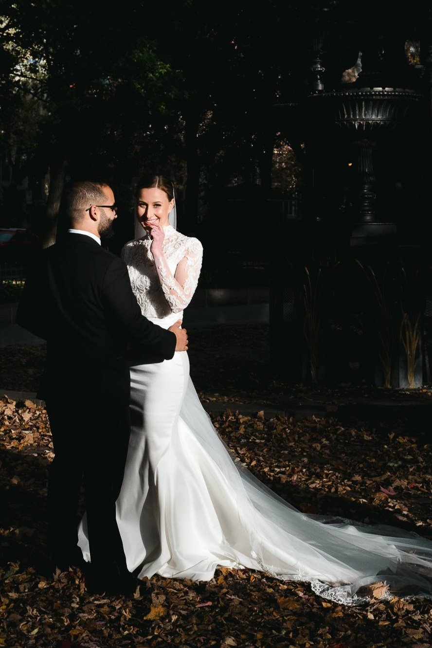 Bride and groom in park