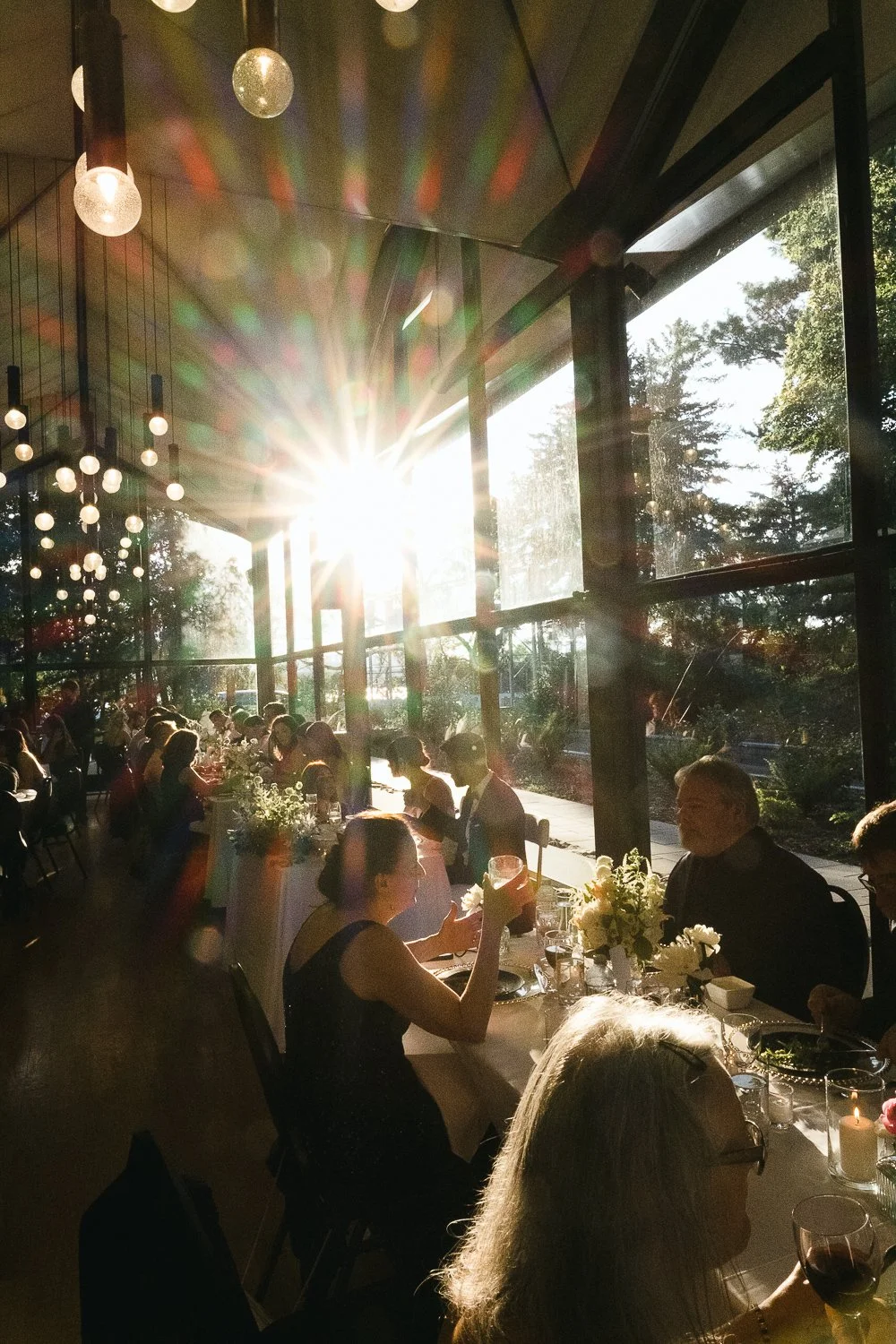 Sunset sunlight streaming through large windows at a gathering of people dining at a long table decorated with flowers.