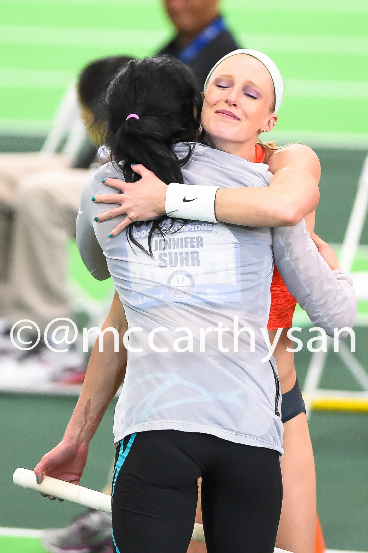 Sandi Morris gets a congrats hug from Jenn Suhr
