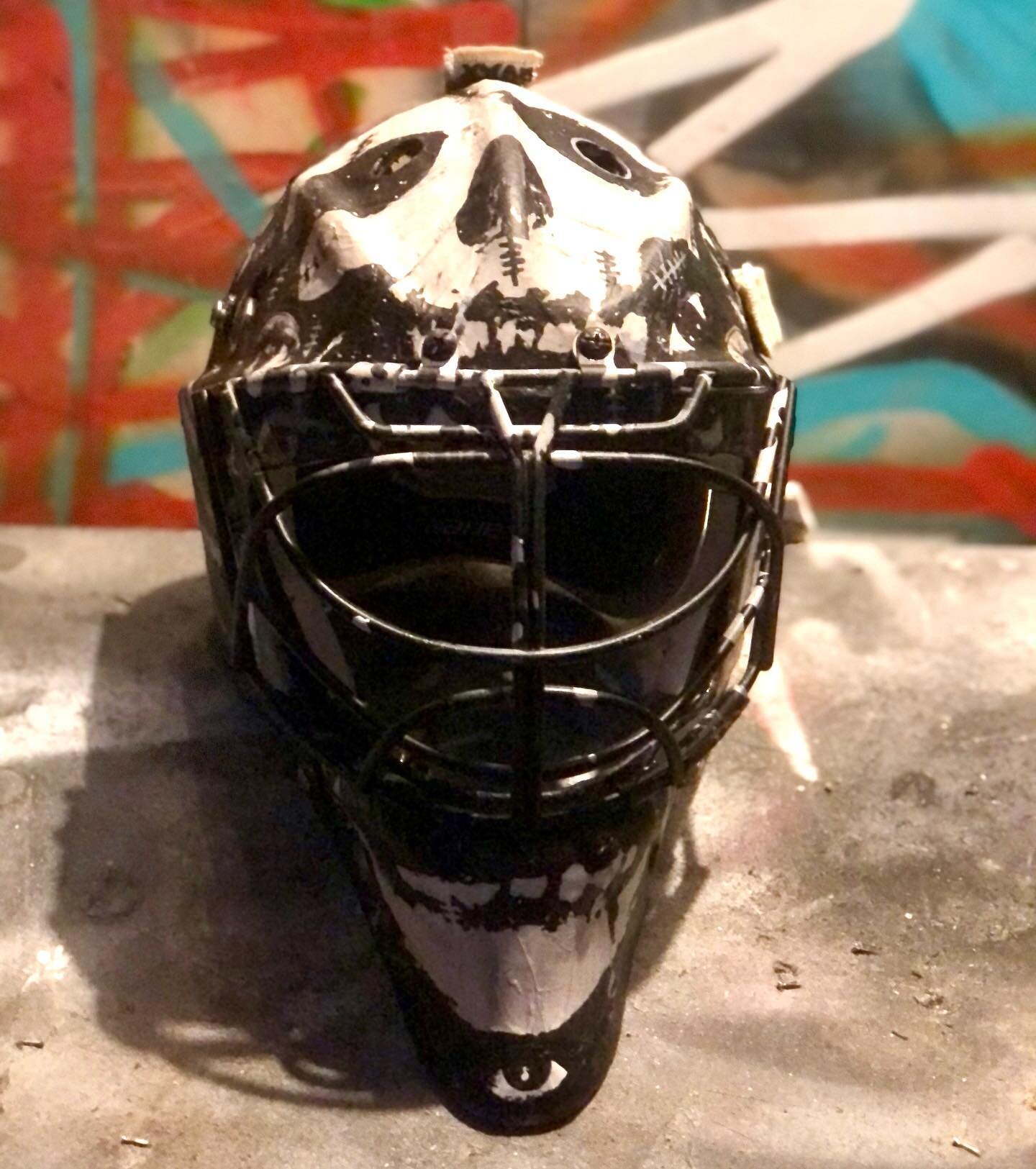 Custom Fargo Force goalie helmet for &quot;701 Night&quot; 🚨All helmets will be auctioned off online after the game ☠️ all proceeds go towards the artists☠️ looking forward to chugging chilli dags in the stands  #punchgut #fargoforce #forcenation #n