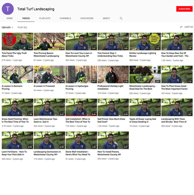  This Youtube Channel has over 35,000 views  Work included: Strategic keyword searches prior to production, production, channel design, tagging   https://www.youtube.com/user/NYlandscapedesigner/videos  