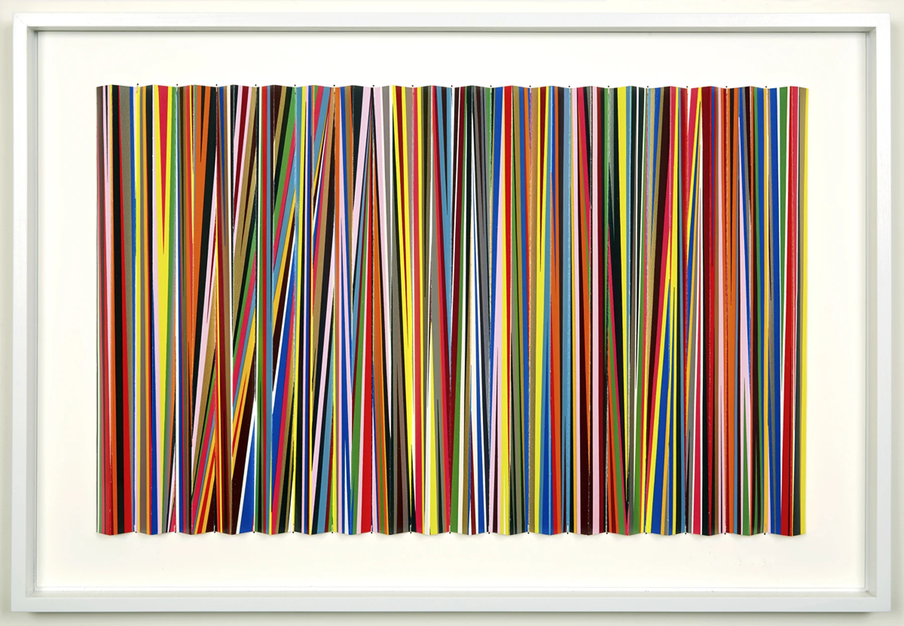 Nervous Electricity , 2018 15 color screenprint on Somerset Velvet, stitched into a lenticular form with linen thread; mounted to 4-ply museum board, cradled in custom matte white poplar shadow boxes, 19.75" x 29.5" x 0.75" (art dimensions), 20.6" x 30.25" x 1.5" (exterior cradle dimensions) A Publication of Haven Press Studio .